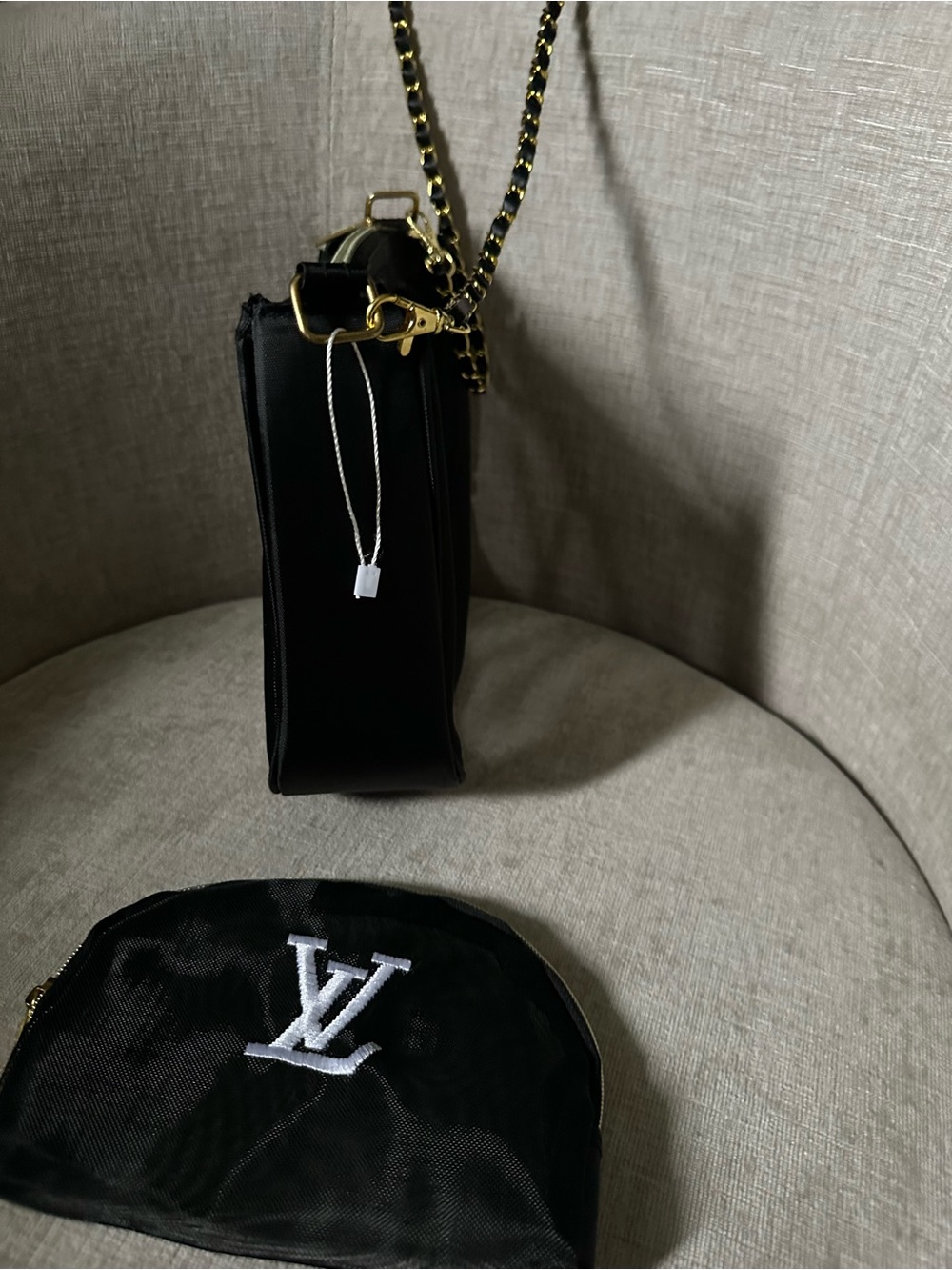 Black Nylon Sheer with White LV Logo and Gold Chain - Picture 5 of 7